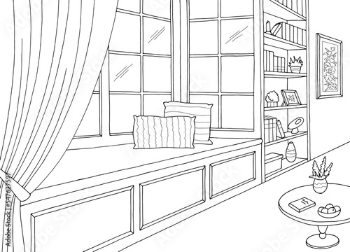 Bay window graphic black white interior sketch illustration vector 
