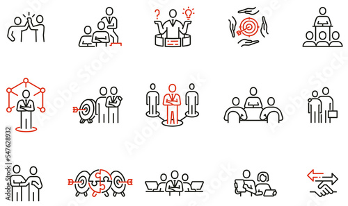 Vector Set of Linear Icons Related to Teamwork, Cooperation, Collaboration and Mission. Mono line pictograms and infographics design elements