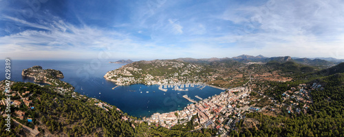 Panoramic photo of of a Puerto de Andatx in Mallorca. Beautiful view of the seacoast of Mallorca with an amazing turquoise sea, in the middle of the nature. Concept of summer, travel, relax and enjoy