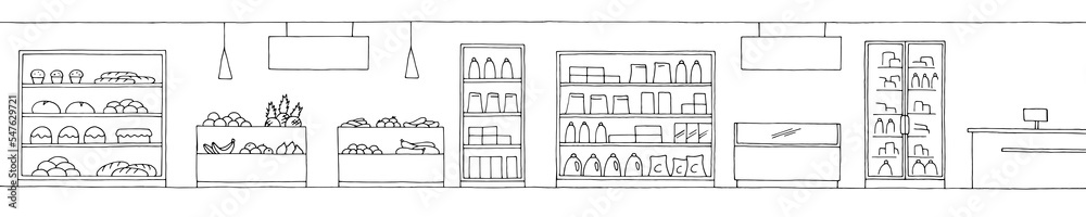 Grocery store shop interior black white graphic sketch long illustration vector 