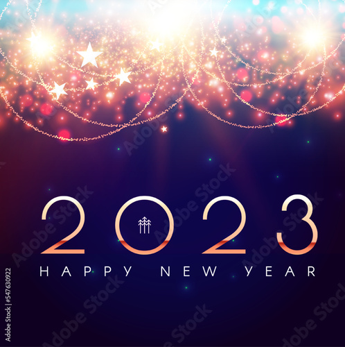 Happy new 2023 year Elegant gold text with fireworks and light effects.