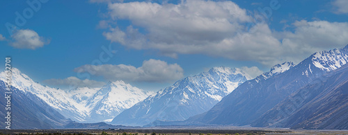 The landscape view of blue sky background over Mount Cook in New Zealand