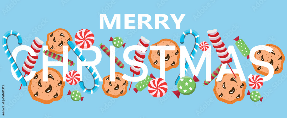 Creative greeting card for Merry Christmas with tasty candies and cookies