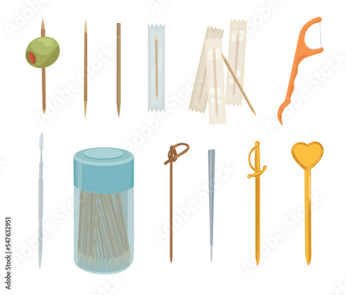Set of different toothpicks on white background