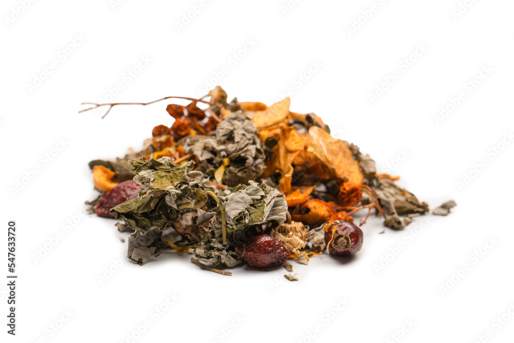 Dry tea leaves and dry fruit isolated on white background. Dry tea leaves and dry fruit isolated on white background.