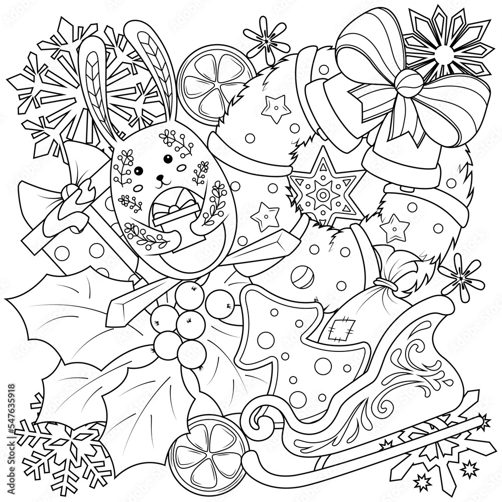 Coloring Doodle on the theme of Christmas and New Year. Funny elements of New Year holidays. Vector illustration Coloring Doodle on the theme of Christmas and New Year. Funny elements of New Year holidays. Vector illustration