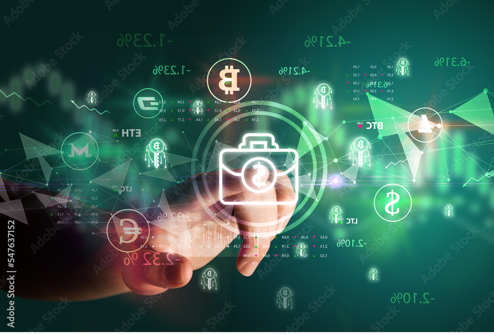 Business person hand pushing currency symbol on multimedia touch screen