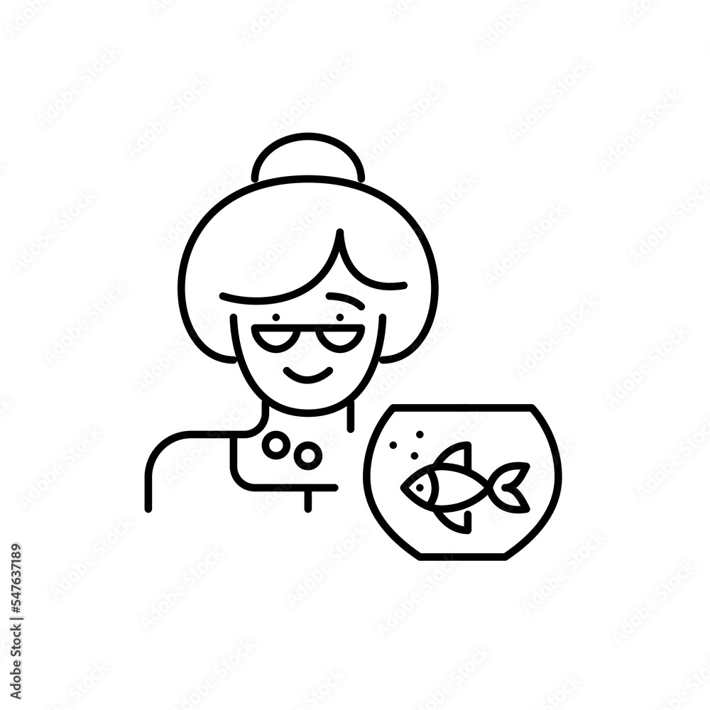 Cute elderly woman and her pet fish in a bowl. Pixel perfect, editable stroke icon Cute elderly woman and her pet fish in a bowl. Pixel perfect, editable stroke icon