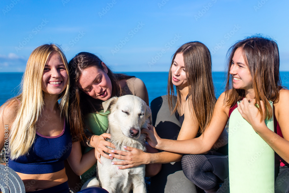group of five women practicing yoga assans in morning beach . only girls session group of five women practicing yoga assans in morning beach . only girls session