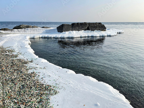 Glass beach is Steklyannaya Bay near Vladivostok. Russia, Primorsky Krai, winter