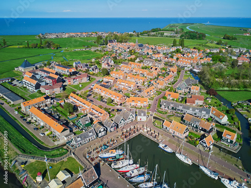 Aerial drone view of picturesque village of Marken, near Volendam, North Holland, Netherlands