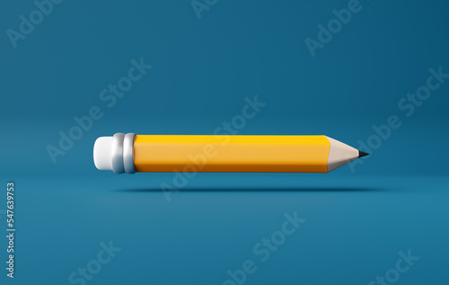 Levitating wooden pencil on blue background. Education concept.