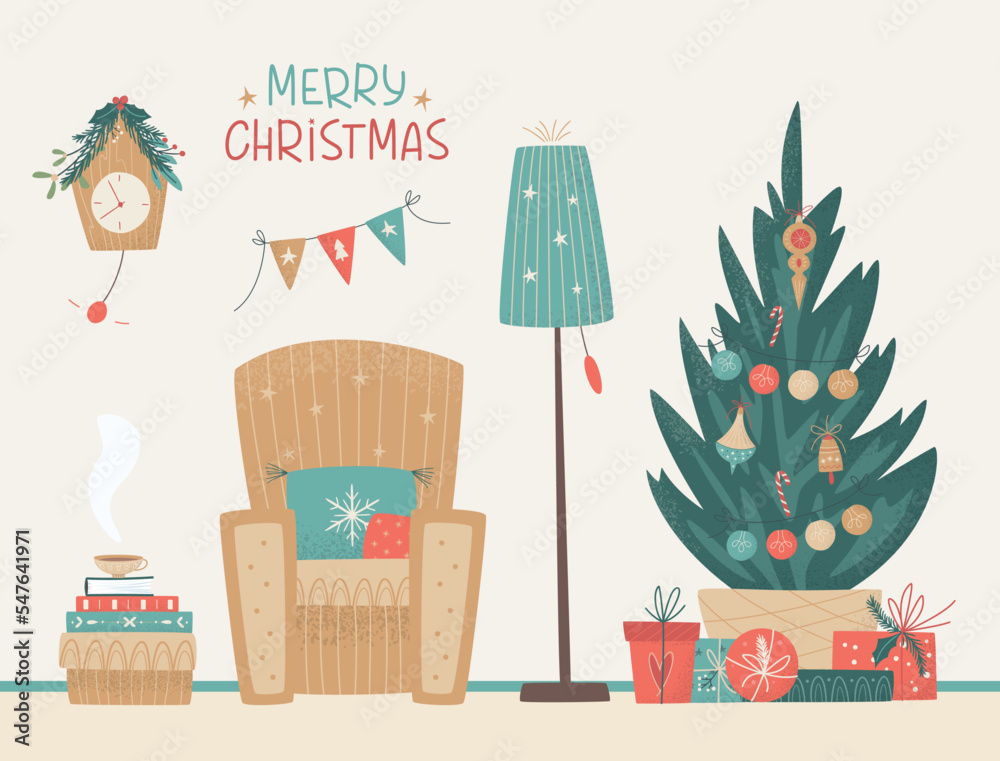 Cute Christmas Interior in vintage style  with decorated Xmas tree, gift boxes, armchair, floor lamp, clock and books. Merry Christmas concept. Retro vector illustration