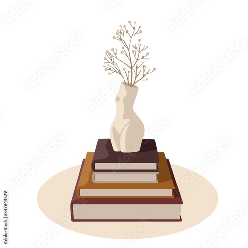 Vector stack of books. There is a vase on the books in the form of a female body with dried flowers