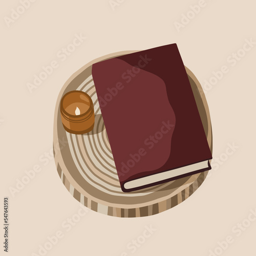 Vector illustration of a book and a candle on a wooden stand