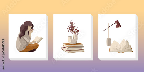 Set of vector illustrations on the theme of books, people reading and cozy decor