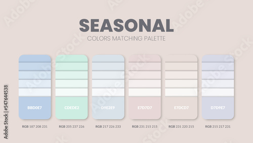 Color palette in a Seasonal colour theme collections. Color scheme or colors chart template. Color combination set of RGB, HSL and HEX codes. Color swatch for art, fashion, home design, or web design