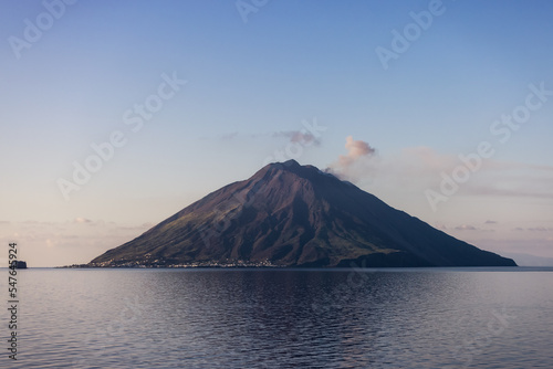 Stromboli Island with an Active Volcano in Tyrrhenian Sea. Italy. Sunny Morning Sunrise Sky. Nature Background photo