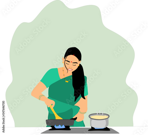 Vector of Indian women cooking with wearing saree.
