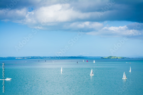 Small sailing boats scattered over calm waters of Auckland Harbour on a glorious winter day. North Island  New Zealand