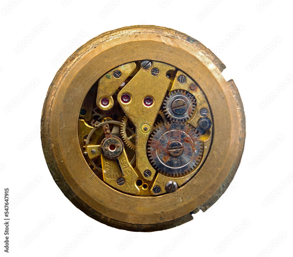 old Clockwork details, pinions and wheels macro closeup isolated on white