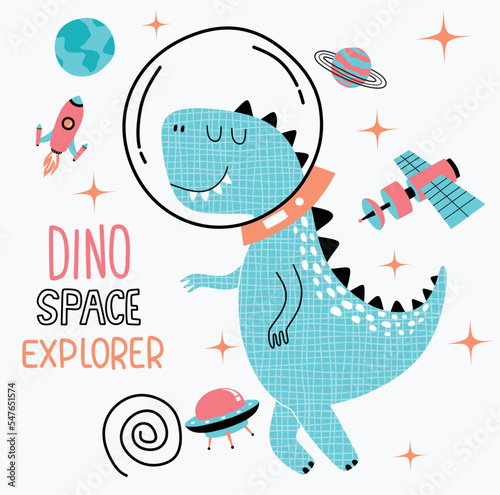 cute dino flying in space. 
