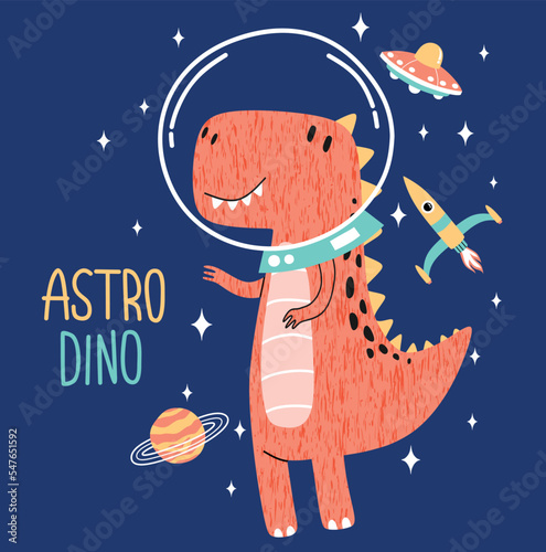 cute dino flying in space. 