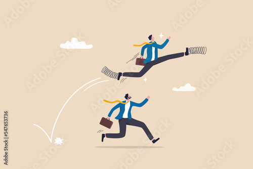 Competitive advantage to win business competition  success strategy  innovation  work efficiency or career promotion  effort or skill concept  businessman with spring shoes leap fast over competitor.