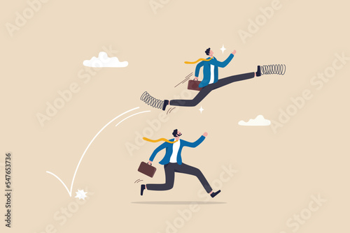 Competitive advantage to win business competition, success strategy, innovation, work efficiency or career promotion, effort or skill concept, businessman with spring shoes leap fast over competitor.