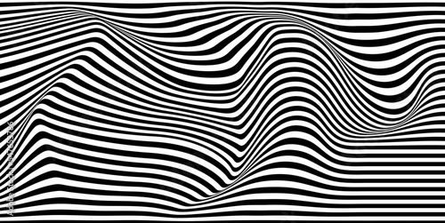 Optical illusion curve wave. Abstract vector background with black and white lines. Pattern distorted textures. © Flow 37