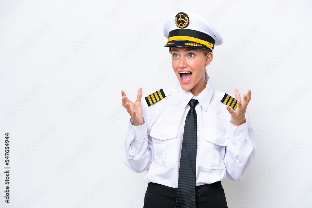 Airplane caucasian pilot woman isolated on white background with surprise facial expression