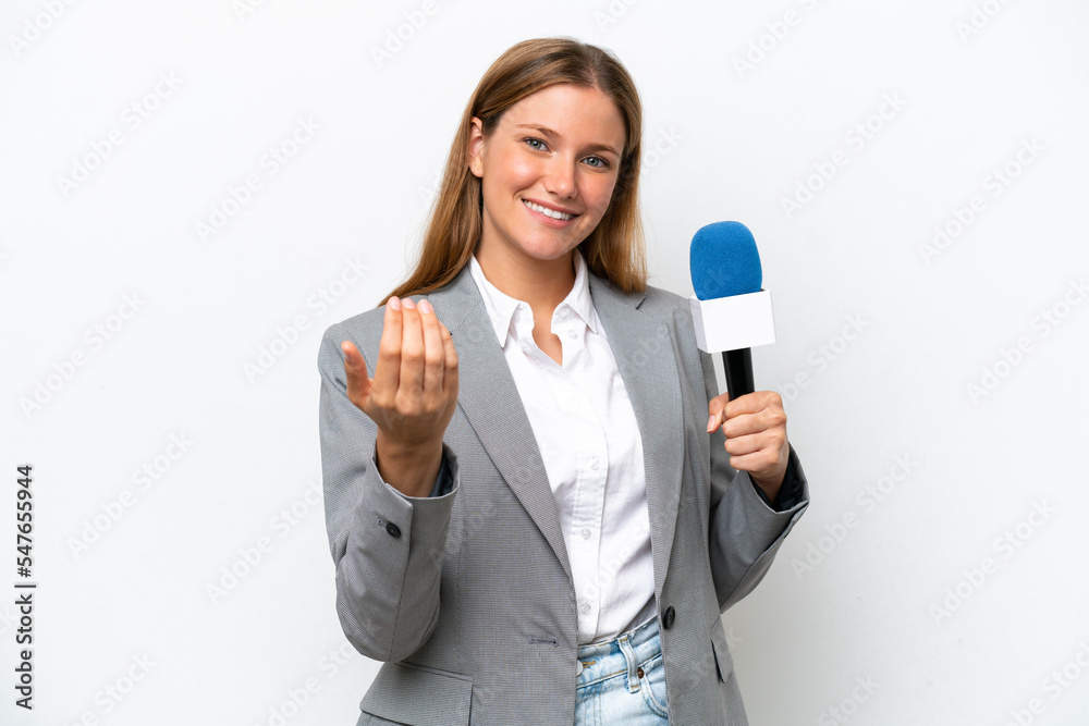 Young caucasian tv presenter woman isolated on white background inviting to come with hand. Happy that you came Young caucasian tv presenter woman isolated on white background inviting to come with hand. Happy that you came