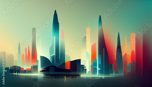 Urban landscape. Silhouettes of high-rise buildings in a light fog.