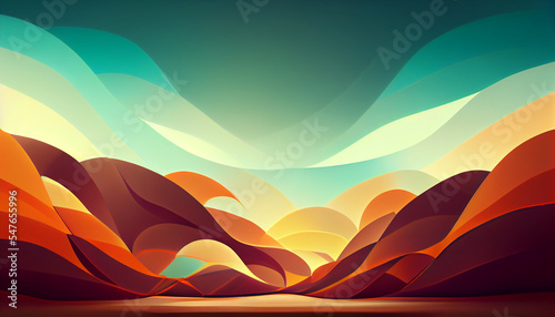 Abstraction. Landscape: a yellow sun rises in the middle of the brown hills, dawn.