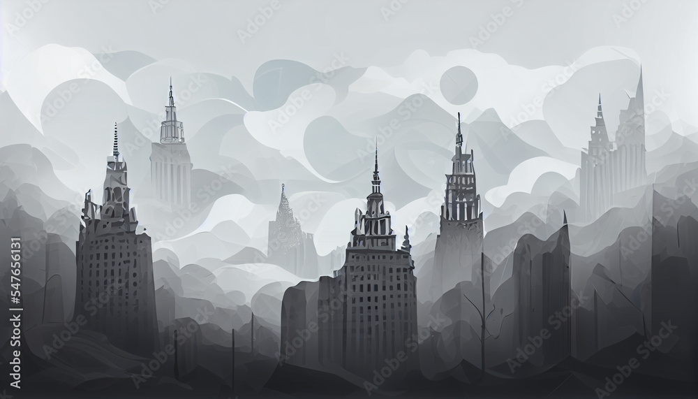 Fantasy cityscape. High-rise buildings with spiers jut out in the mist and clouds. Beautiful painting in gray and black.