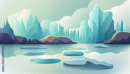 Abstract landscape. In the foreground is a snow-covered icy river, in the background are small hills, a snow-covered forest. Sky in bright clouds.