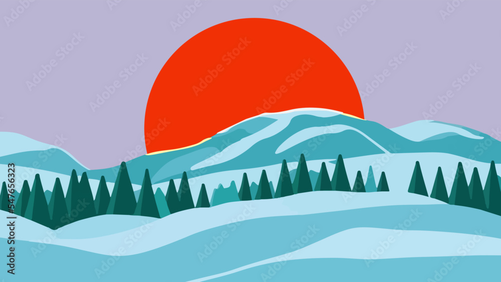 Minimalist vector winter panorama with big sun