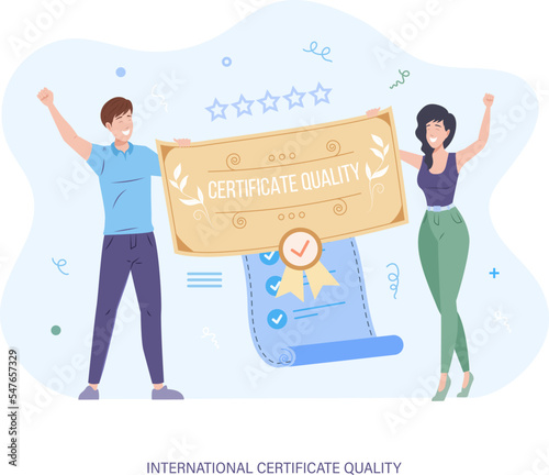 Happy man and woman celebrating having received quality certificate