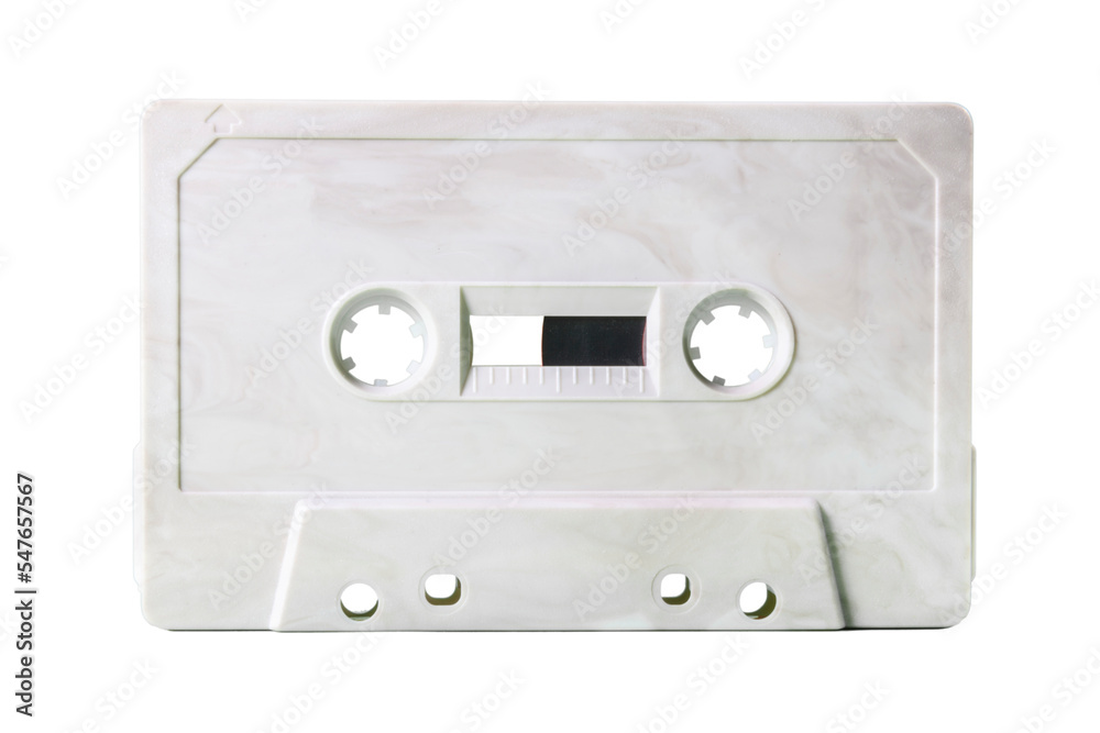 Obraz premium Isolated old vintage cassette tape, obsolete music tech from the 1980s. Light grey marble effect plastic body, no label. 