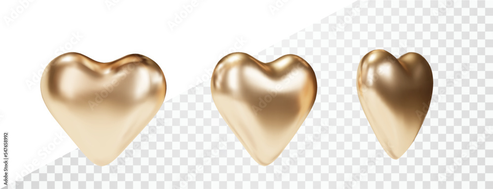 Obraz premium Realistic Gold heart isolated. 3d Golden glittering heart shape vector object forValentine's day. Love concept