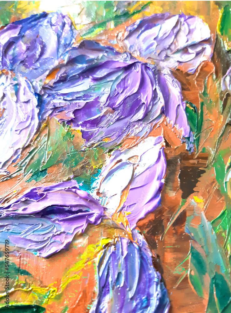 Oil painting. iris on a canvas. hand drawn artwork for cards, banners or print. Color texture. Fragment of a work of art.