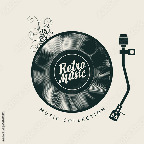 Vector music poster with old vinyl record, record player and calligraphic lettering retro music in vintage style. Music collection