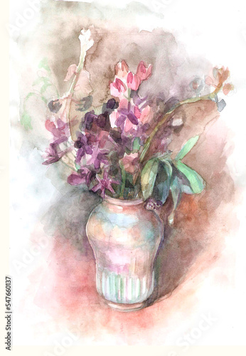watercolor drawing of wild flowers in mother-of-pearl vase