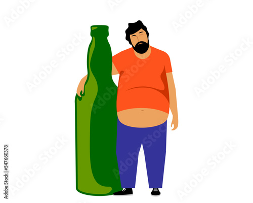 Drunk man hugging a bottle of alcohol. Alcoholic with a bad habit. Vector illustration.