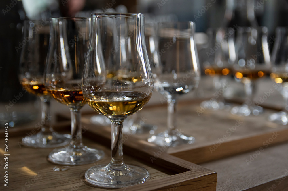 Whiskey tasting glasses arranged on a wooden tray