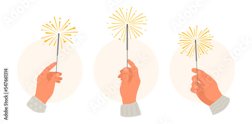 Sparklers in hands. Hand holding burning sparklers. Vector illustration set of Celebration of New Year, birthday, Christmas.