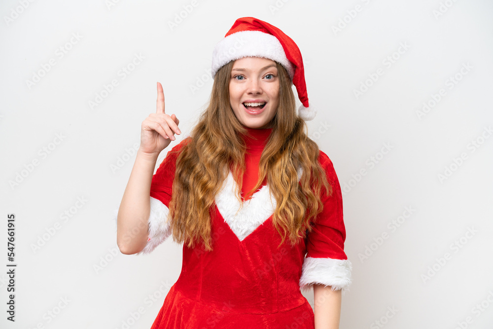 Young caucasian woman with Christmas dress isolated on white background intending to realizes the solution while lifting a finger up Young caucasian woman with Christmas dress isolated on white background intending to realizes the solution while lifting a finger up
