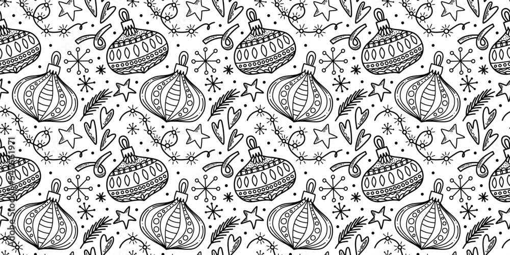 Vector seamless pattern. Christmas tree decoration. New Year Eve celebration Winter season theme Ornament witn many baubles, ribbons, snowflakes and presents Festive background repetitive illustration Vector seamless pattern. Christmas tree decoration. New Year Eve celebration Winter season theme Ornament witn many baubles, ribbons, snowflakes and presents Festive background repetitive illustration