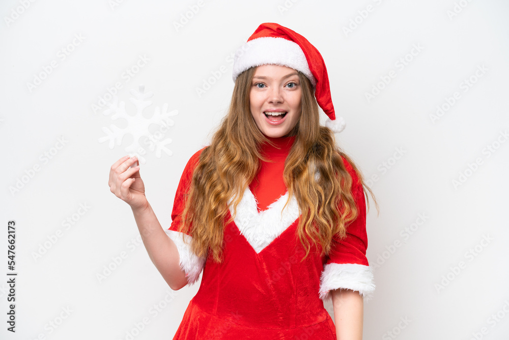 Young caucasian woman with Christmas dress holding snowflake isolated on white background with surprise and shocked facial expression Young caucasian woman with Christmas dress holding snowflake isolated on white background with surprise and shocked facial expression