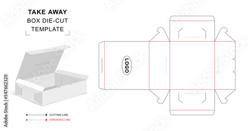 Takeaway meal box die cut template with 3D blank vector mockup for food packaging